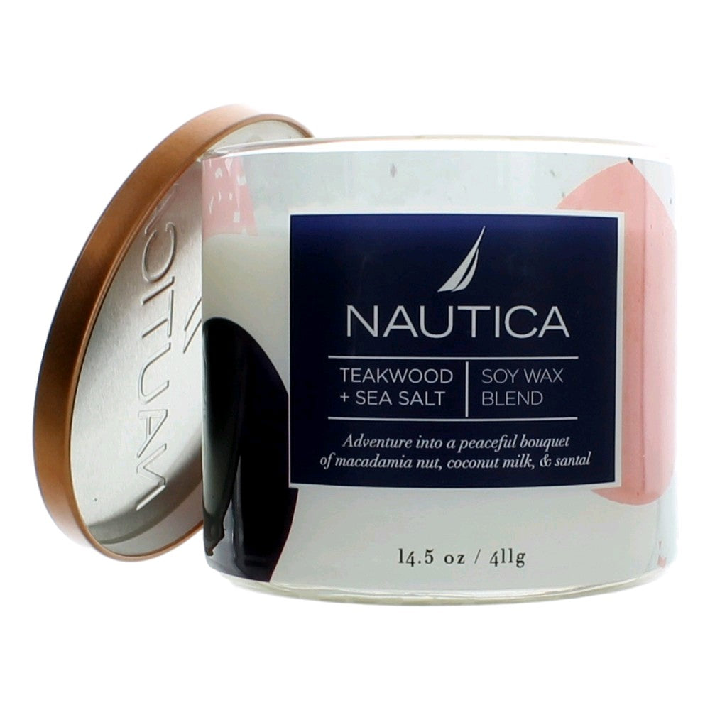 Jar of Nautica 14.5 oz Soy Wax Blend 3 Wick Candle - Teakwood & Sea Salt